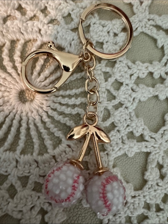 Accessories - Baseball Gold Cherry Keychain with White & Pink Beaded Charms